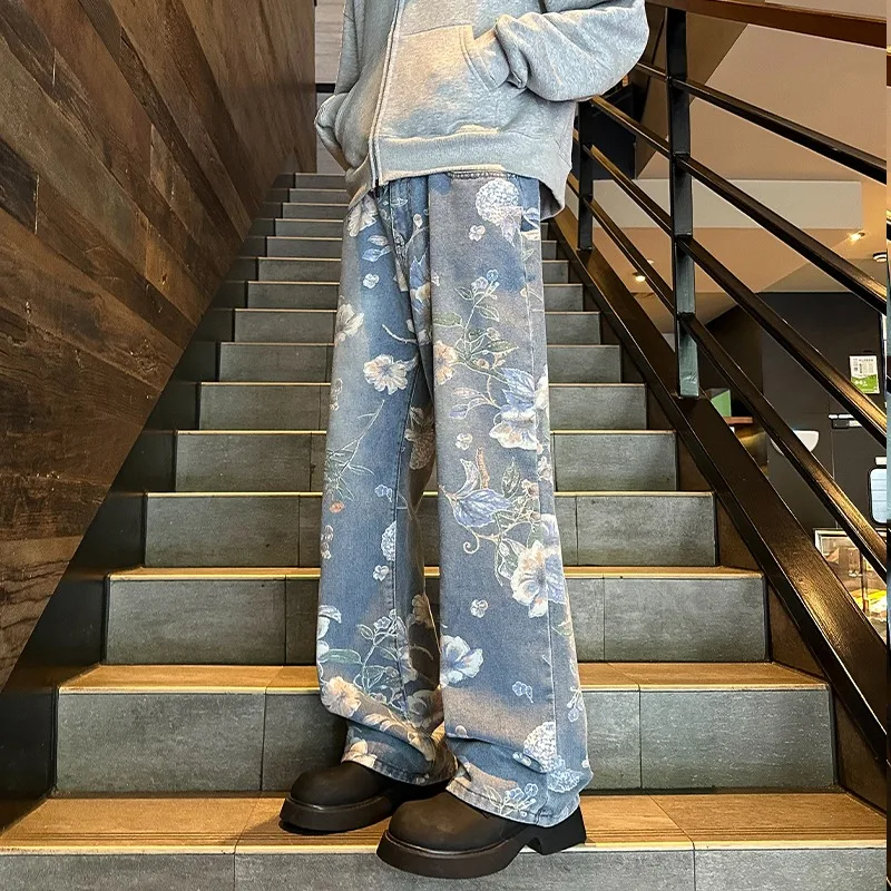 

2025 Floral Printed Jeans for Men New Y2K Vintage Denim Pants Hip Hop Fashion Wide-leg Baggy Jean Streetwear Trousers