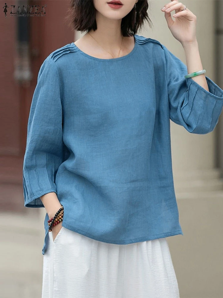 

ZANZEA 2025 Summer 3/4 Sleeve Shirts Women Solid Color Blouse Holiday Oversized Pleating Edge Tunics Korean Fashion O-neck Tops