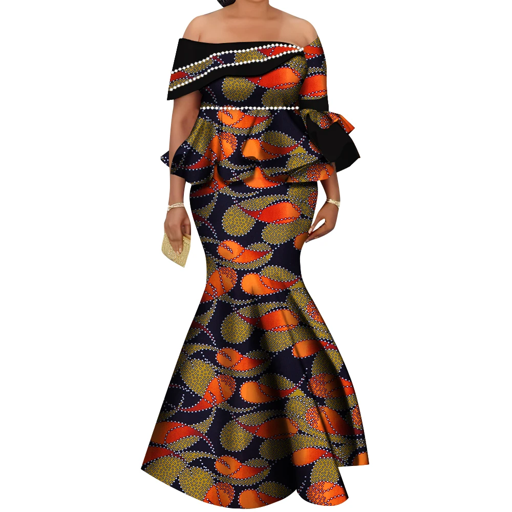 BintaRealWax African Clothing for Women Spring Bazin Riche Skirt and Pearls Top Sets 2 Pieces Customize Clothes WY9600