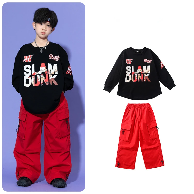 Children Hip-hop Fashion Costume Girls Long Sleeves Tops Red Cargo Pants Kids Jazz Dance Outfits Performance Clothing Stage Wear