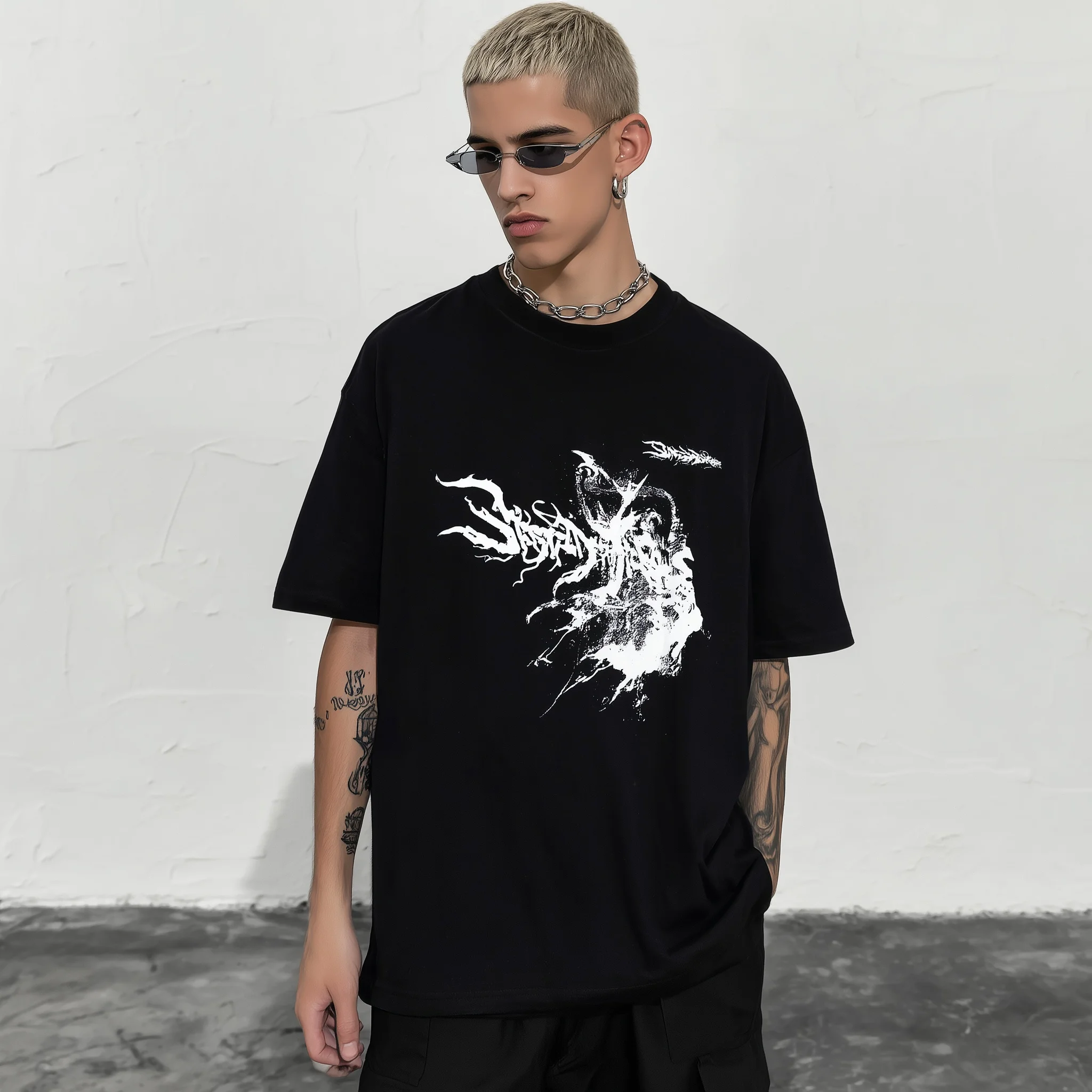 

Teevo Men's Oversized T-Shirt Black Abstract Cloud Print Streetwear Daily Wear