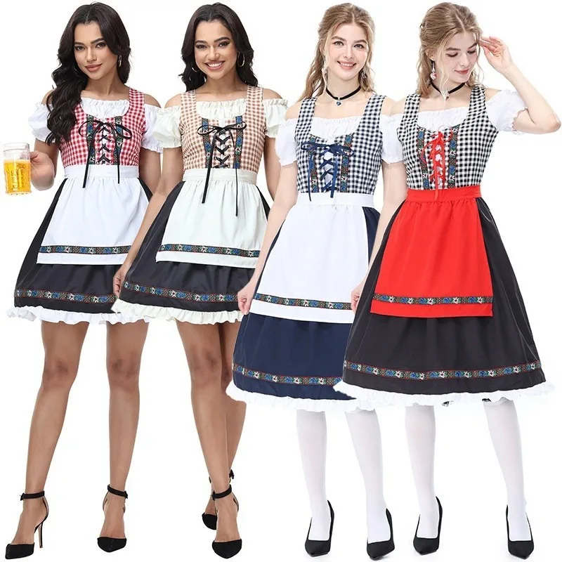 German Bavarian Dirndl Costume For Women Off Shoulder Square Neck Plaid Dress Beer Party Halloween Cosplay Outfit 4 Colors view 2