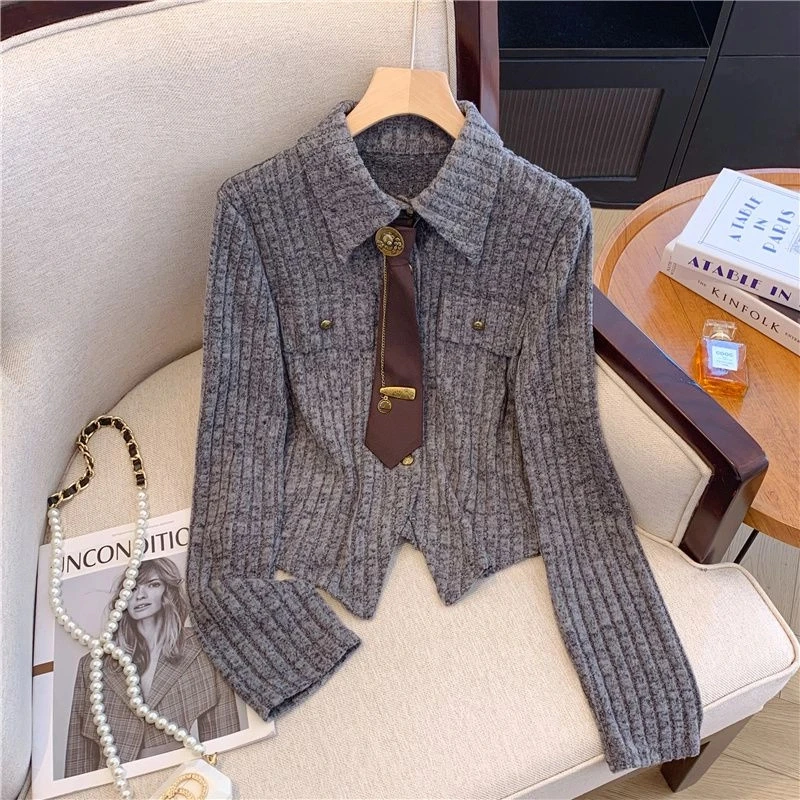 غير النظامية طويلة الأكمام الرقبة الكورية بلوزات قصيرة ربيع الخريف جديد الصلبة شارع العليا تي شيرت موضة ملابس النساء غير رسمية