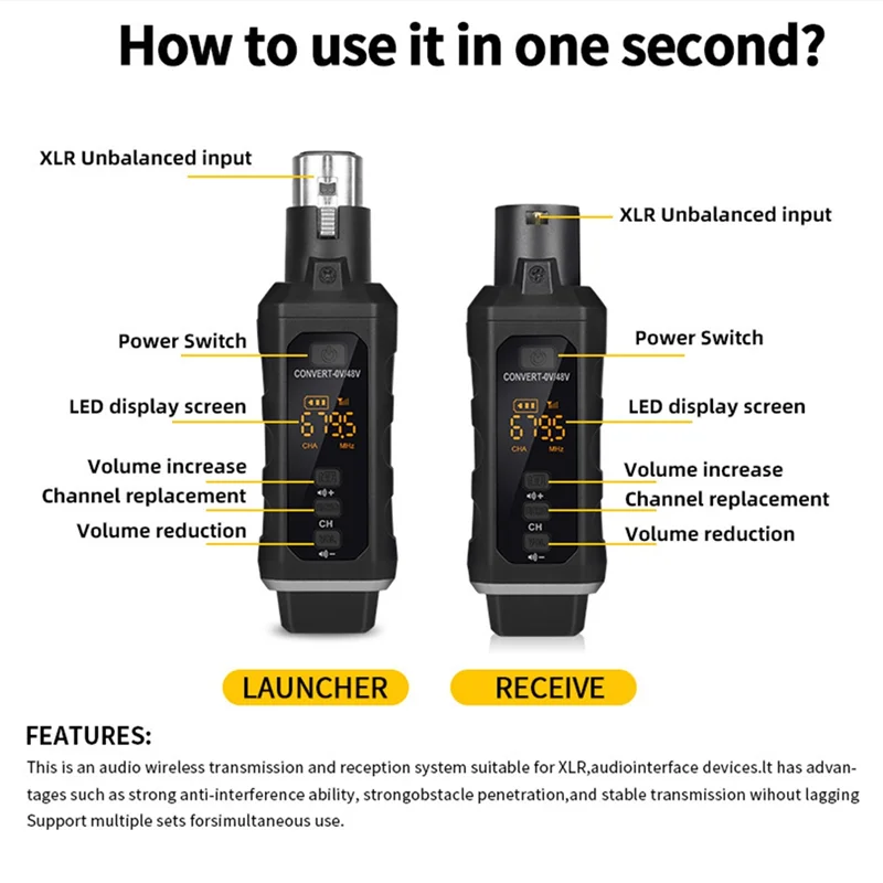 ELECT-UHF XLR Adapter System Wireless Microphone Transmitter Receiver System For Dynamic Microphone Guitar Audio Mixer