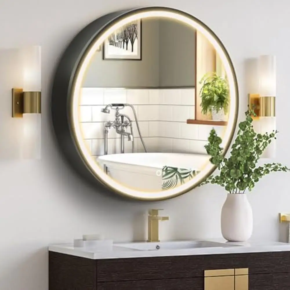 3 Color Lighting Dimmable LED Medicine Cabinet Wall Mount Anti-fog Circle Mirror Cabinet