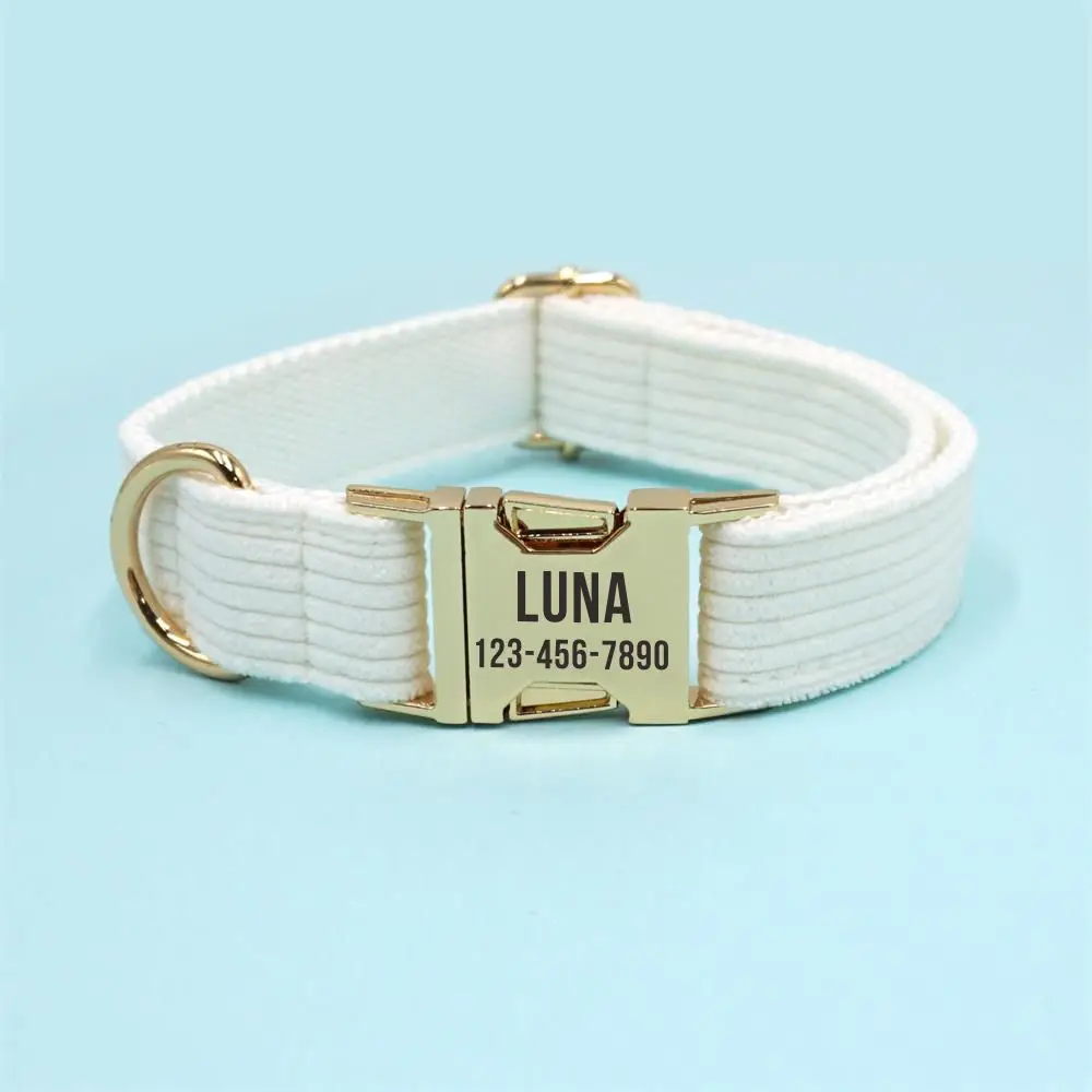 Personalized Dog Collar Custom Pet Collar Free Engraving ID Name Tag Pet Accessory White Corduroy Puppy Collar Leash