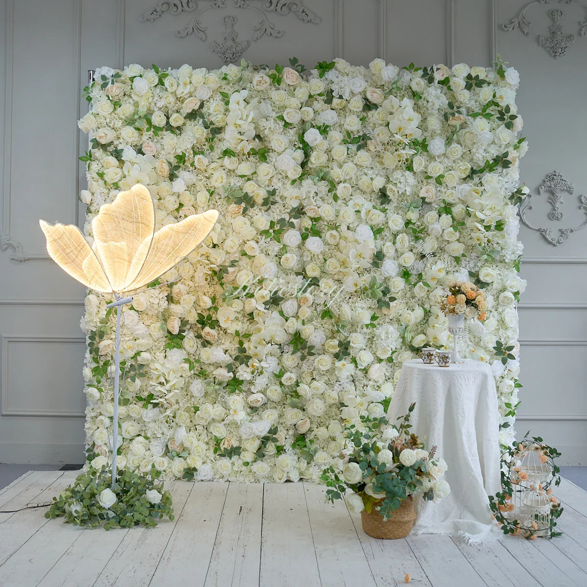 

Uflower White Light Champagne Flower Wall Arrangement Wedding Party Backdrop Roll Up Curtain Fabric Decor Floral Wall