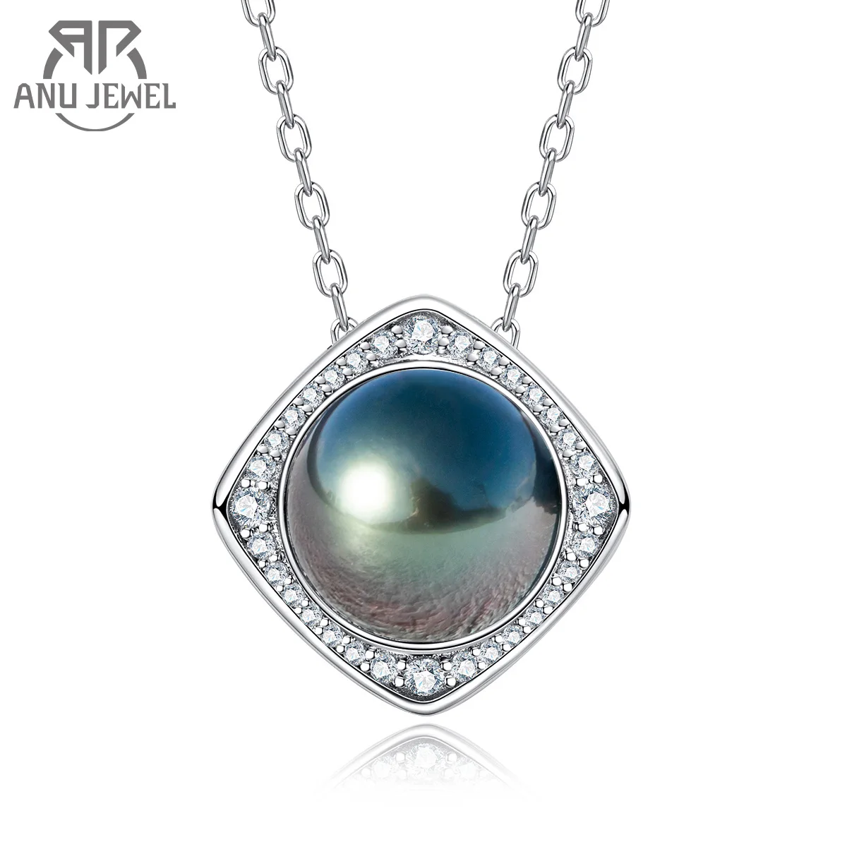 

AnuJewel 11-12mm Tahitian Black Pearl Square Necklace 925 Sterling Silver D Color Moissanites Seawater Pearl Necklace Jewelry