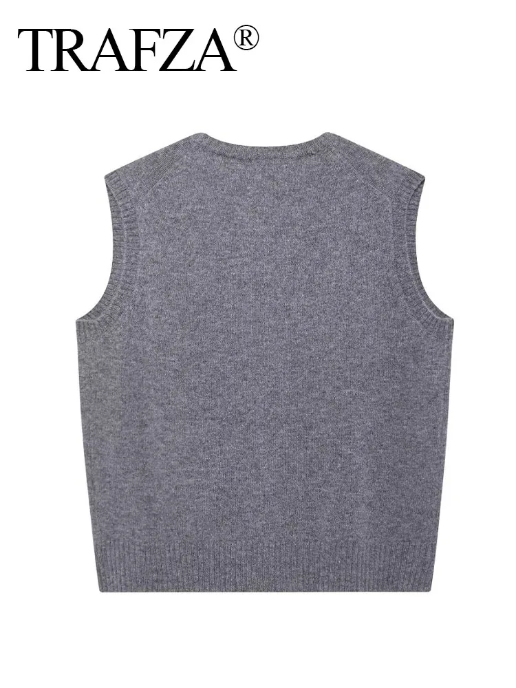 TRAFZA Female Elegant Vest Tops Grey O-Neck Sleeveless Single Breasted Golden Button Knitted Vest Autumn Women's Slim Top Mujer