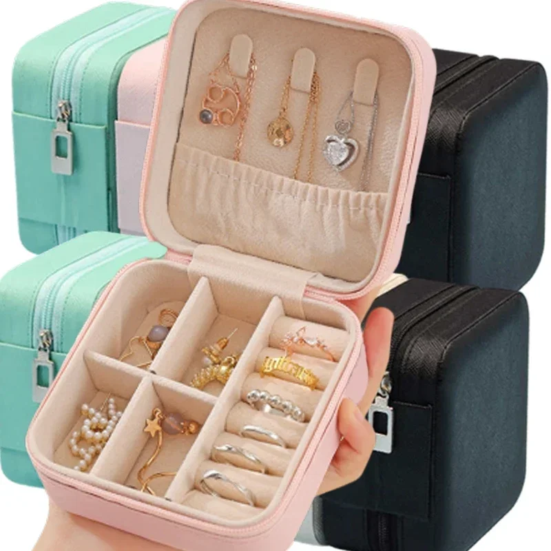 Mini caja de almacenamiento de joyas portátil, organizador de viaje, estuche de joyería, almacenamiento de cuero, pendientes, collar, anillo,