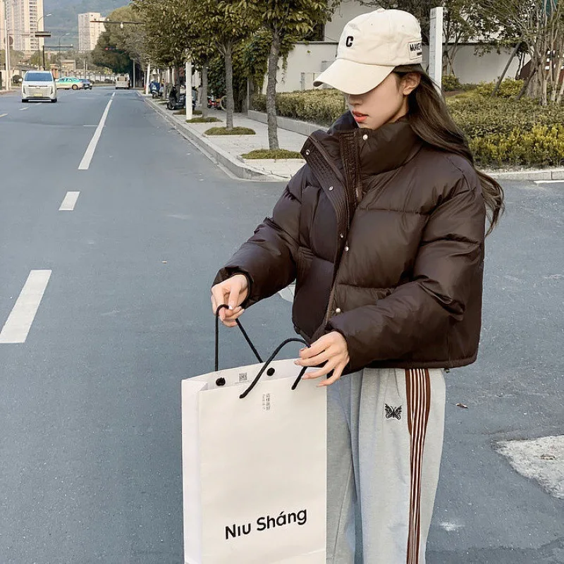Winter PU Leather Jacket Women Clothes Trend Cropped Jackets Cotton Coats Warm Streetwear Long Sleeve Parkas Windproof Outerwear