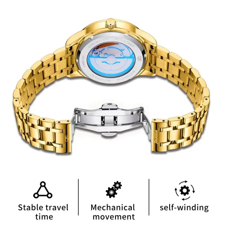 JSDUN 8841 Automatic Mechanical Watch for Men Gold Stainless Steel Luxury Waterproof Calendar Wristwatch Man Relojes Hombres