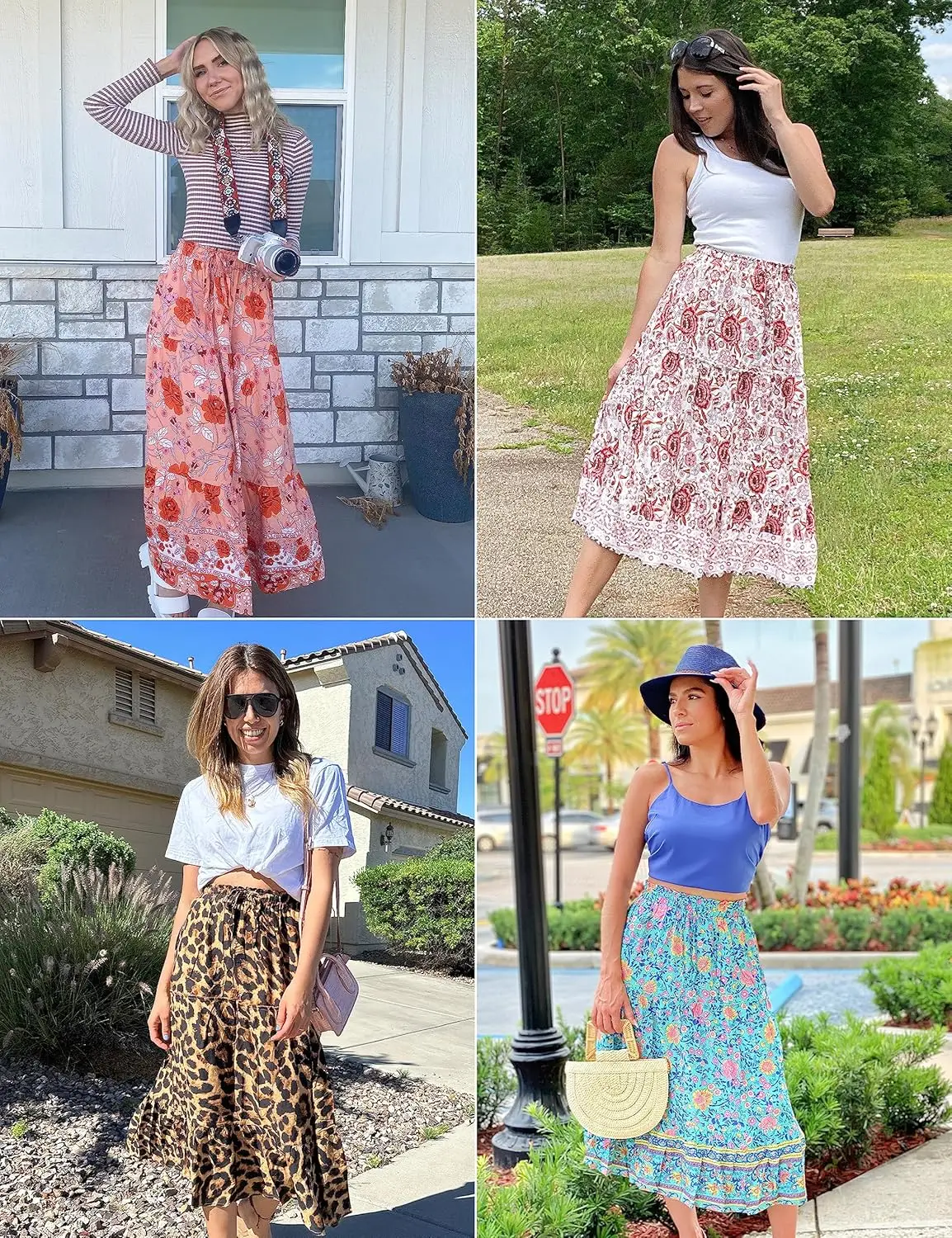 Luxy Trio Donna Boho Stampa floreale Elastico a vita alta a pieghe Gonna lunga a vita alta Abito con gonna fluida a trapezio