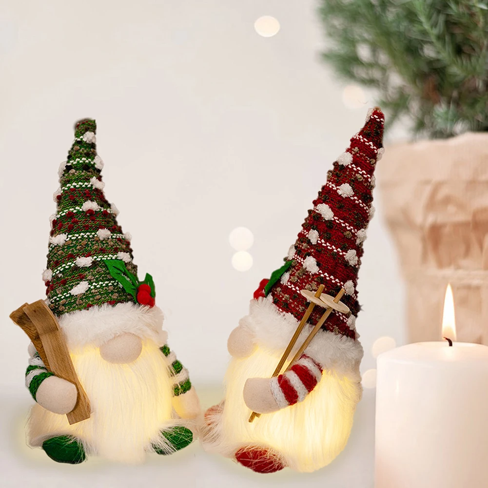 Figuras de gnomo navideño hechas a mano con diseño de luz para decoración de mesa navideña y estante Rojo Verde 16 x 28 cm
