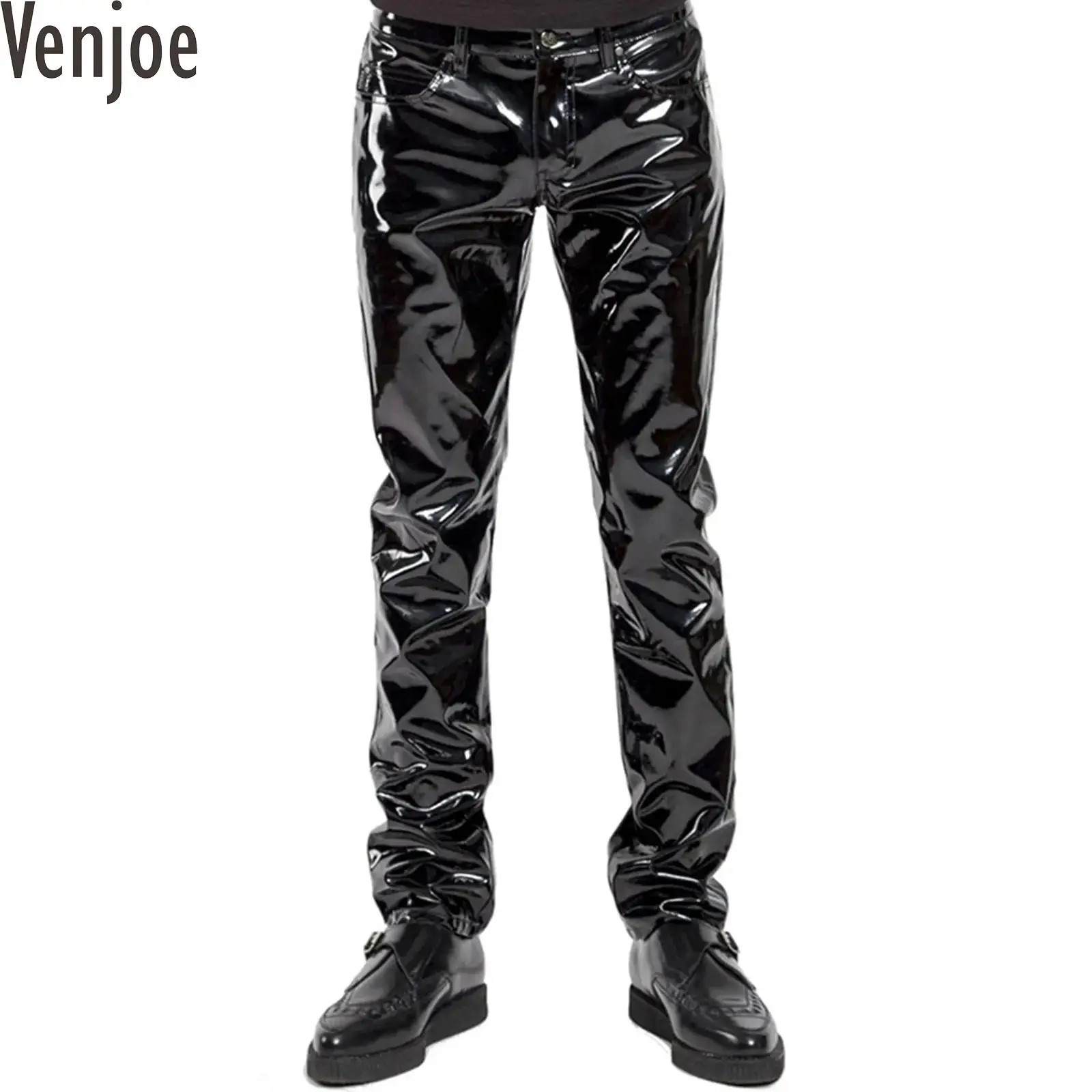 

Men Wet Look Patent Leather Pants Glossy Leggings Mid Waist Latex Straight Trousers Bar Nightclub Stage Show Costume Hot Pants