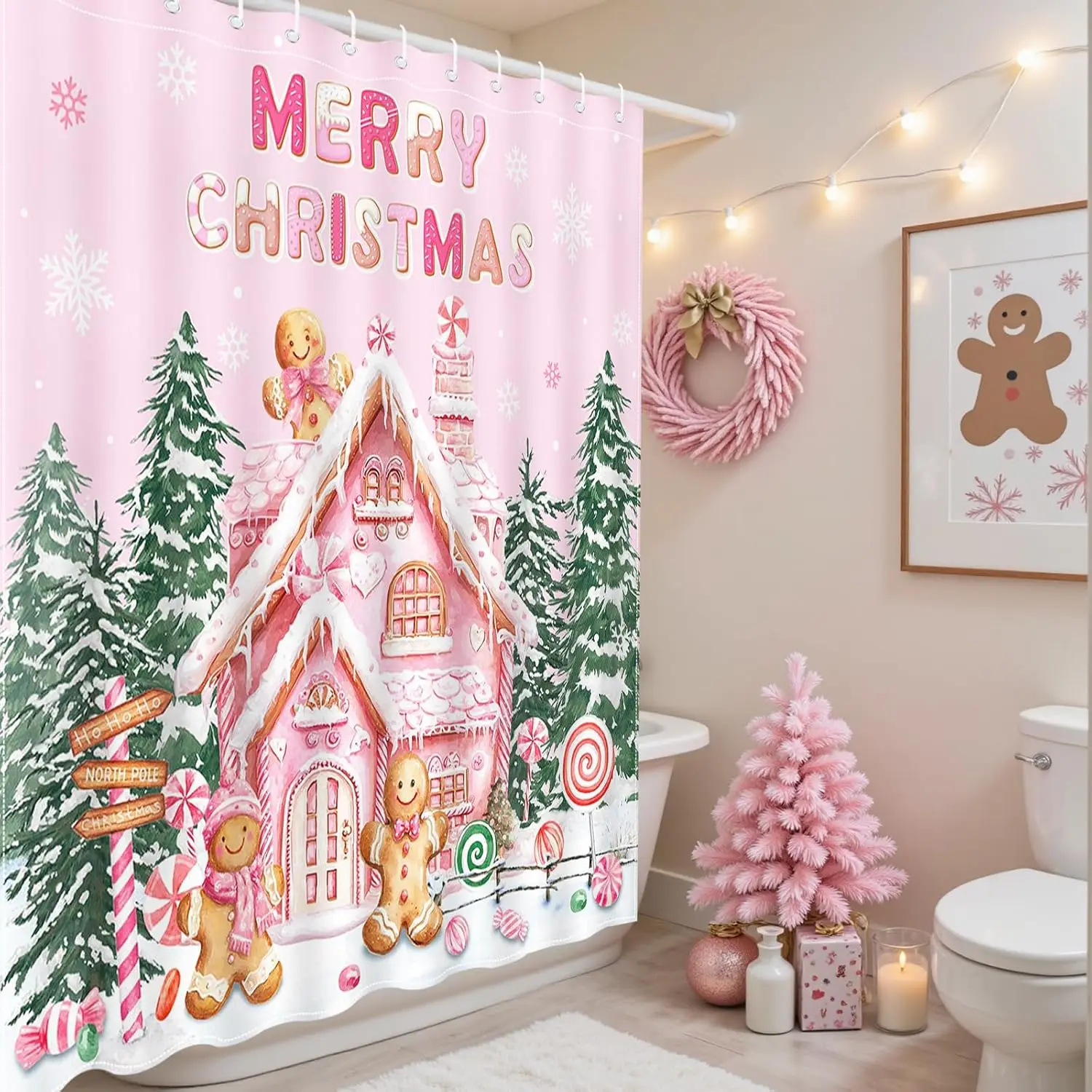 Pink Christmas Gingerbread Shower Curtain Cute Gingerbread House Shower Curtain for Pink Christmas Bathroom Decor Waterproof