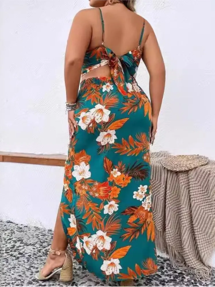 Plus Size Summer Floral Print 2 Two Piece Set Women Sleeveless Sexy Fashion Ladies Cropped Slip Tops Split Pleated Woman Skirts