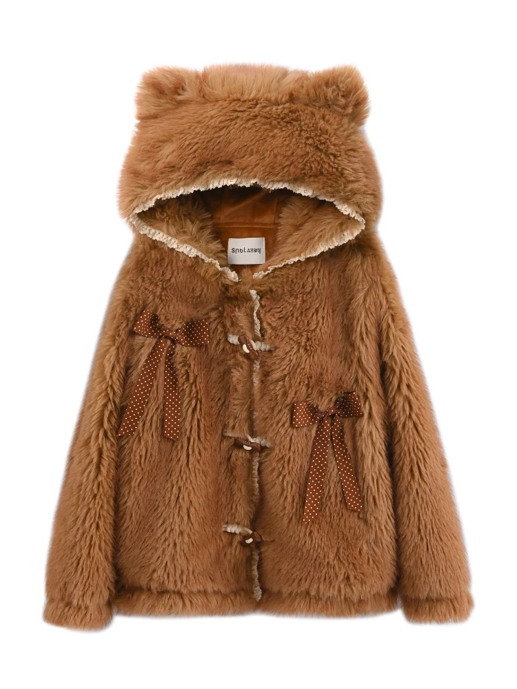 أزياء حلوة لطيف فتاة الدب هوديي معاطف واحدة الصدر فضفاضة تنوعا Kawaii سميكة أفخم سترات قصيرة للنساء الشتاء #6