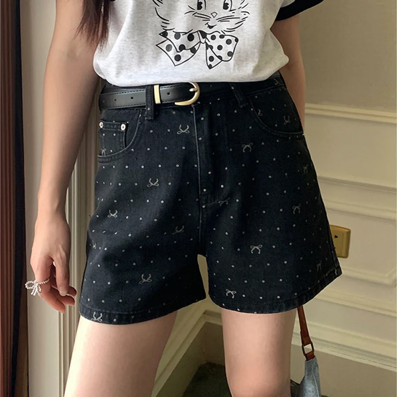 CASUMANL Brand Bow Knot Print Shorts for Women 2024 New High Waist Basics Denim Shorts The Female Sex Japanese 2000s Style Y2k