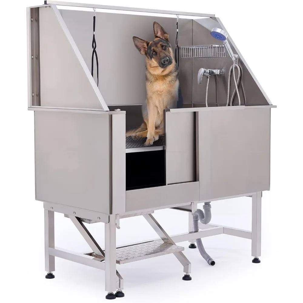 

Professional Dog Grooming Tub Large Pet Washing Station with 304 Stainless Steel Tank Removable Floor Grate Steps Faucet for