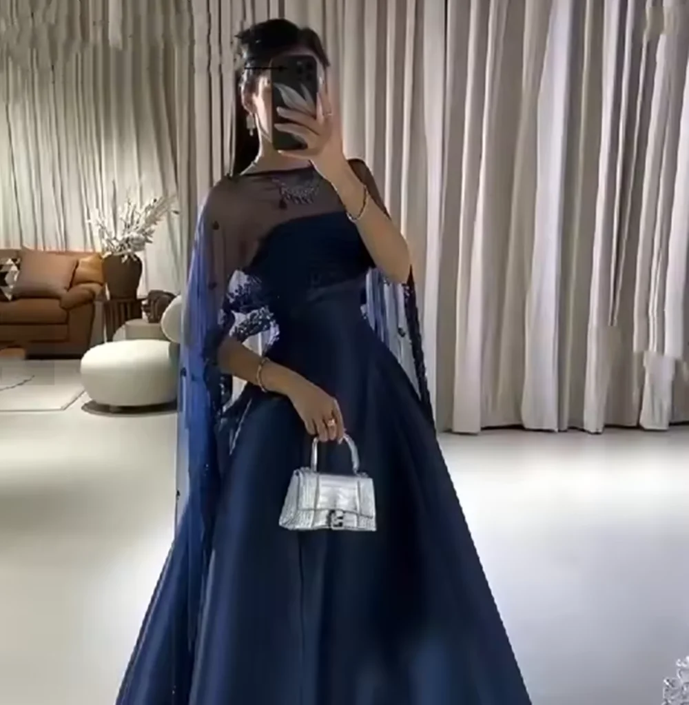 

Navy Blue A-Line Satin Prom Dresses Lace Cape Pleated 2025 Ankle Length Elegant Formal Occasion Evening Gowns Customized
