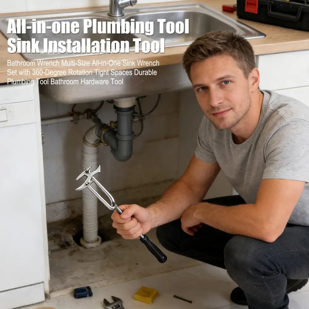Sink Installation Tool Bathroom Wrench Bathroom Sink Wrench Set with 360-degree Rotation Multi-size Plumbing Tool for Tight