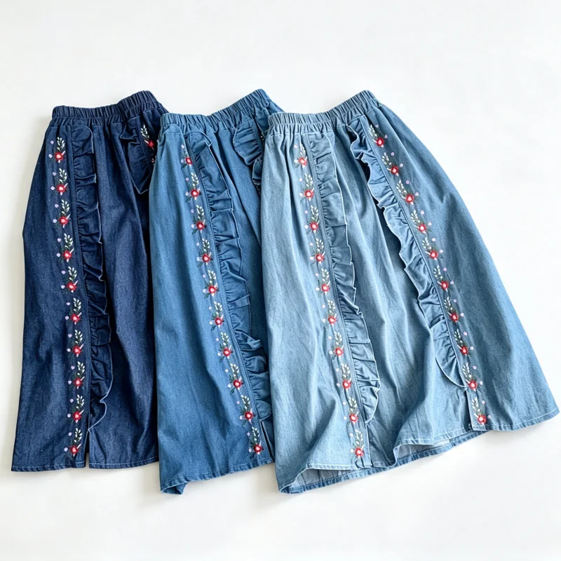 Denim Skirt Midi Vintage - Kadın Denim Midi Etek Vintage Çiçek