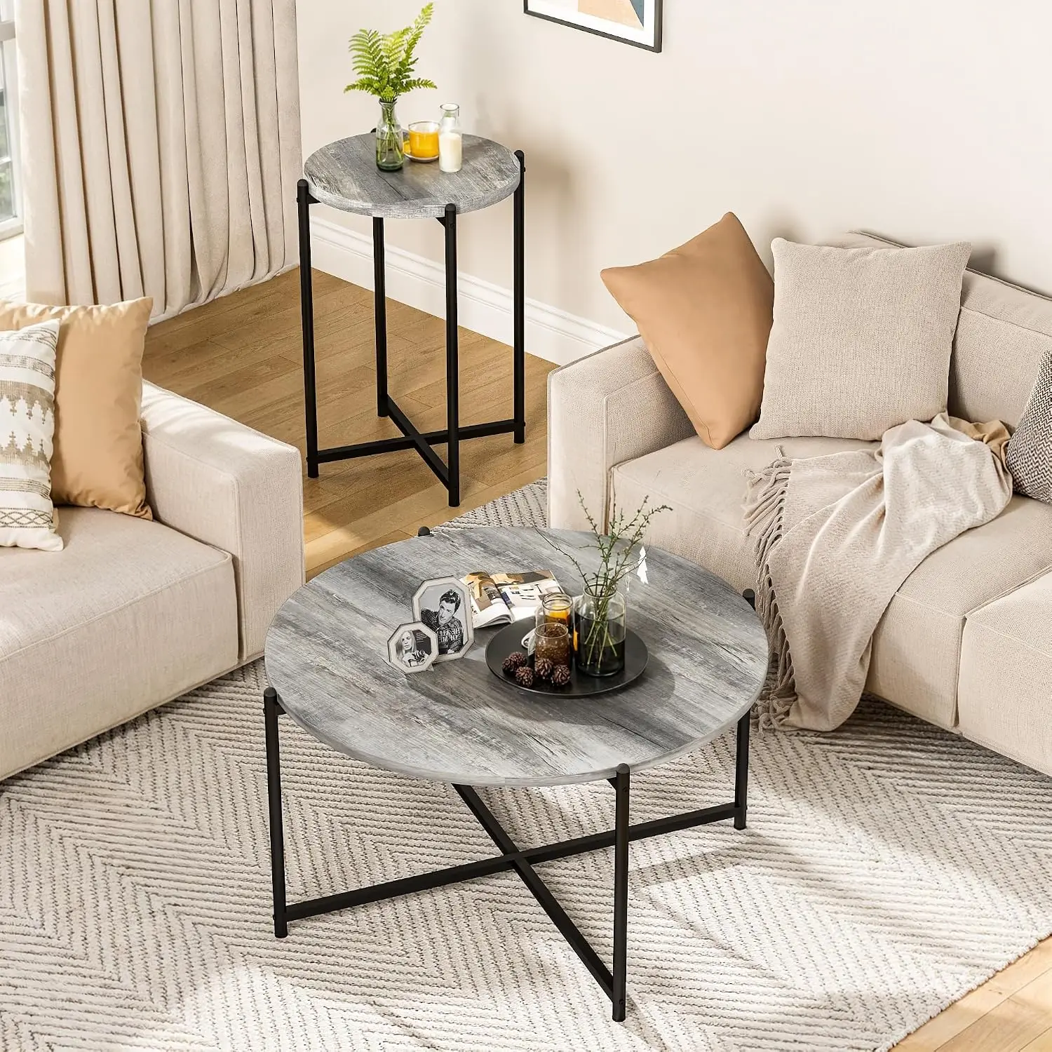 Grey Coffee Table Set of 3, Black Metal Frame Wood Grain Living Room Side & End Tables, Customized