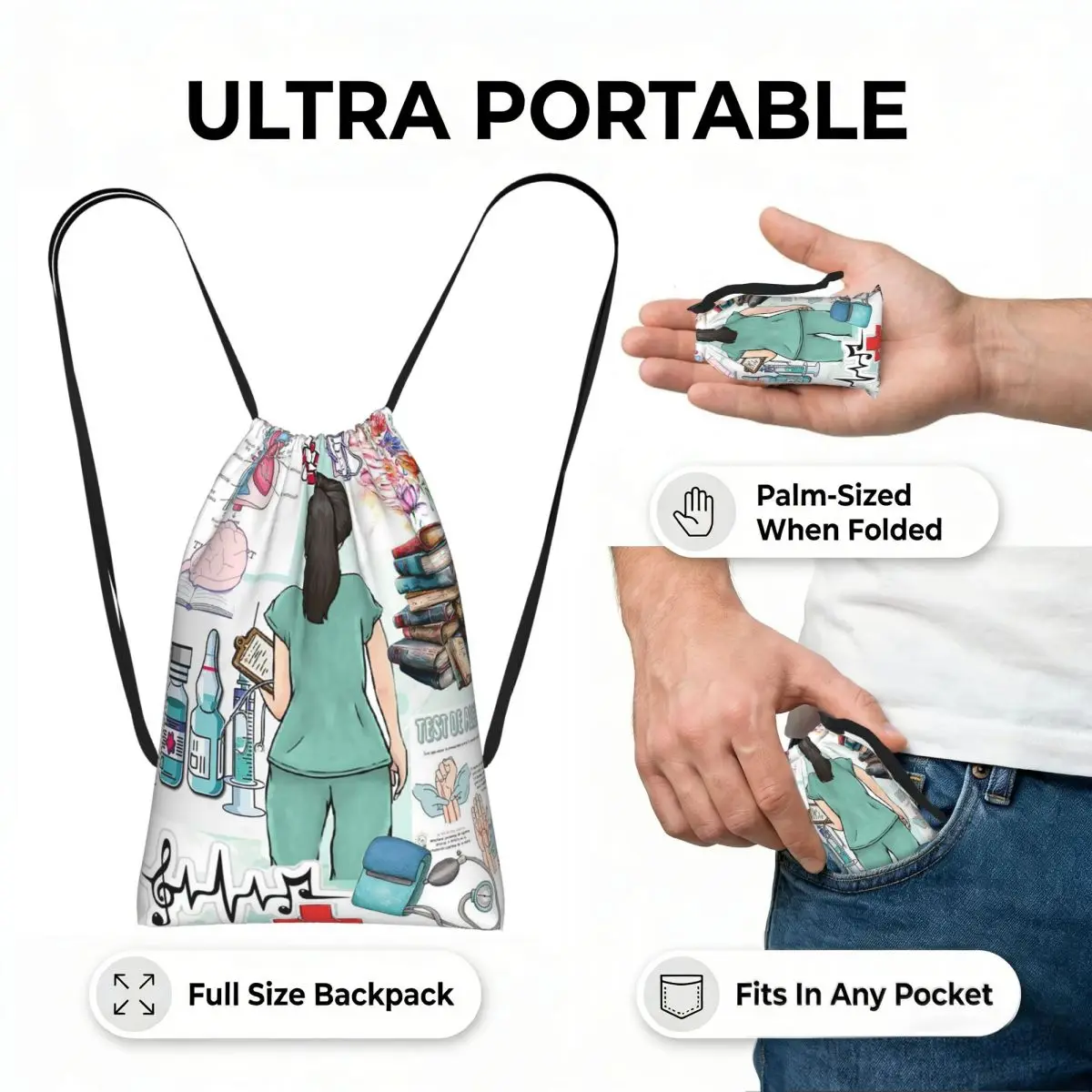 Enfermera En Apuros Doctor Nurse Drawstring Backpack hiking cycling Bag Portable Travel Drawstring Bag for Men Women