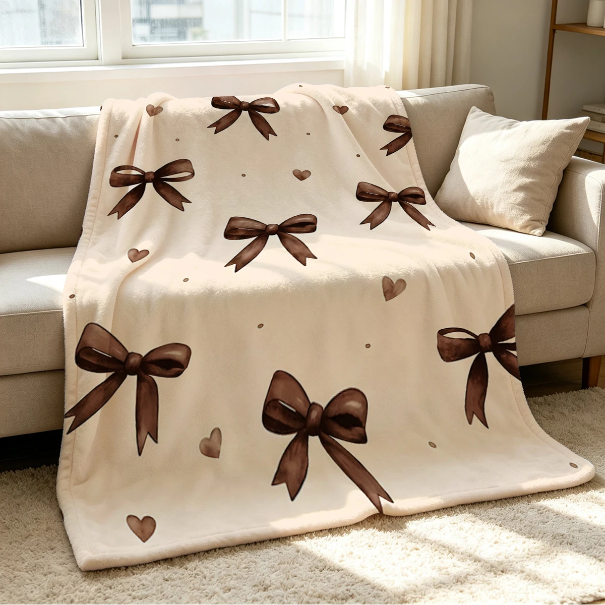 Cream Brown Bows Hearts Flannel Blanket Warm Soft Halloween Christmas Couch Warm Cozy Decorative Decor Gift for All Season