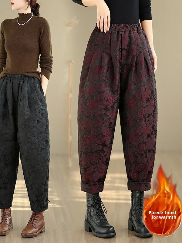 

plus Size Fleece Lined Thick Warm Lantern Pants Winter Casual High Waist Straight Leg Plant Floral Patterned Ladies Trousers