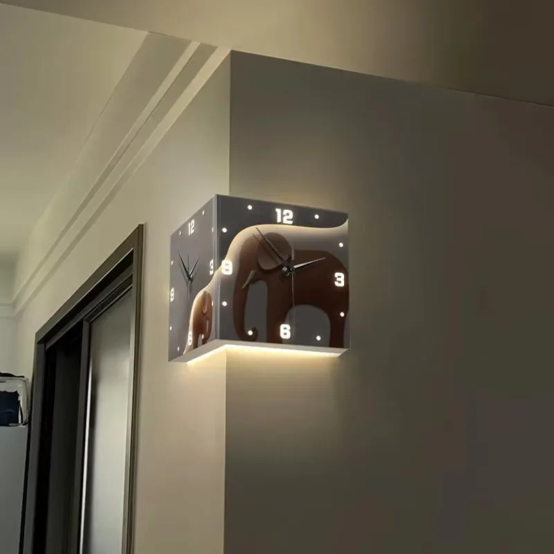 Elephant Pattern Corner Double-sided Wall Clock (Pointer Style) Acrylic Silent Clock Suitable for Living Room