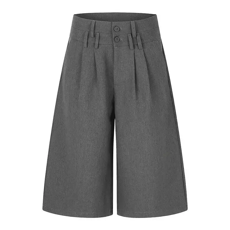 Pantalones Culottes Plisados Desestructurados de Doble Cintura Grises para Hombre y Mujer, de Pierna Ancha, Estilo Minimalista, Traje Casual, Shorts K11S