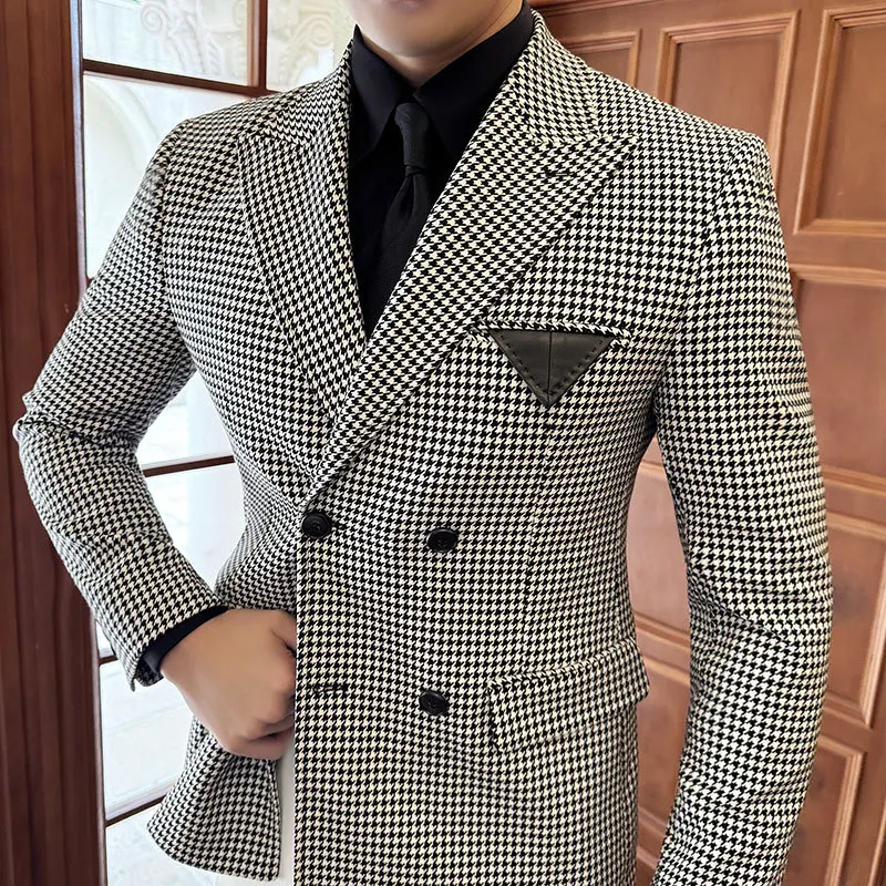 4-A83 ฤดูใบไม้ผลิใหม่ผู้ชาย Double-breasted Houndstooth Boggles เดี่ยวเสื้อสูทกระเป๋าหนังตกแต่งชุด