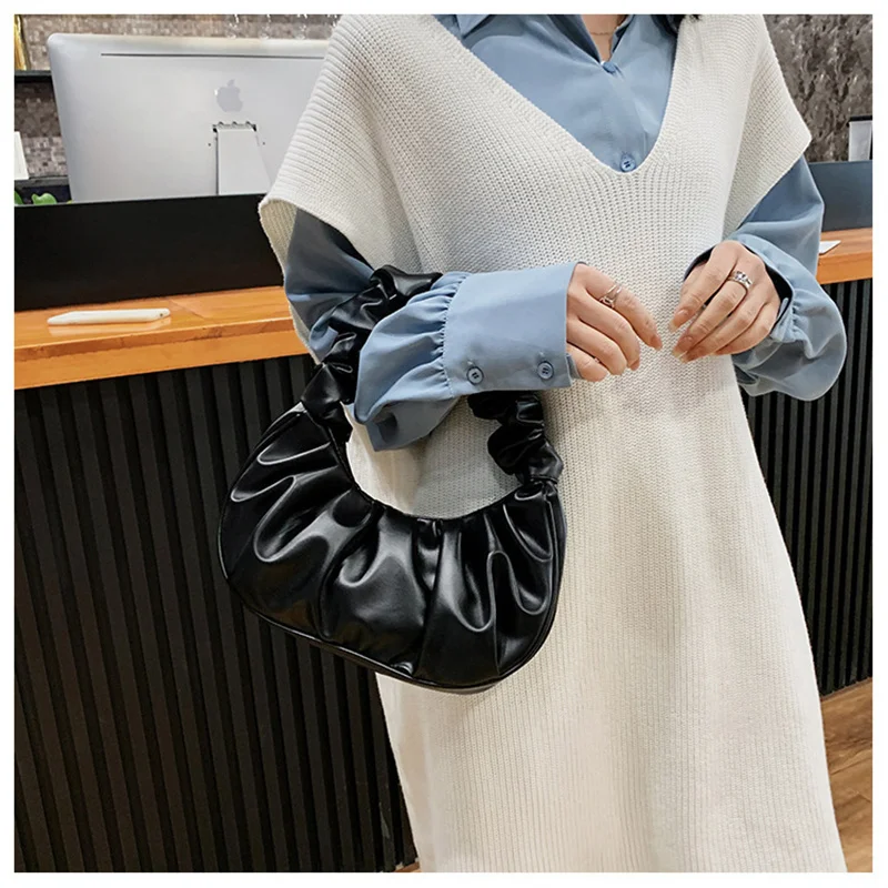 New Cloud Pleated Handlebags Solid Color PU Leather Bags for Women Dumpling Tote Armpit Bag Underarm Bags