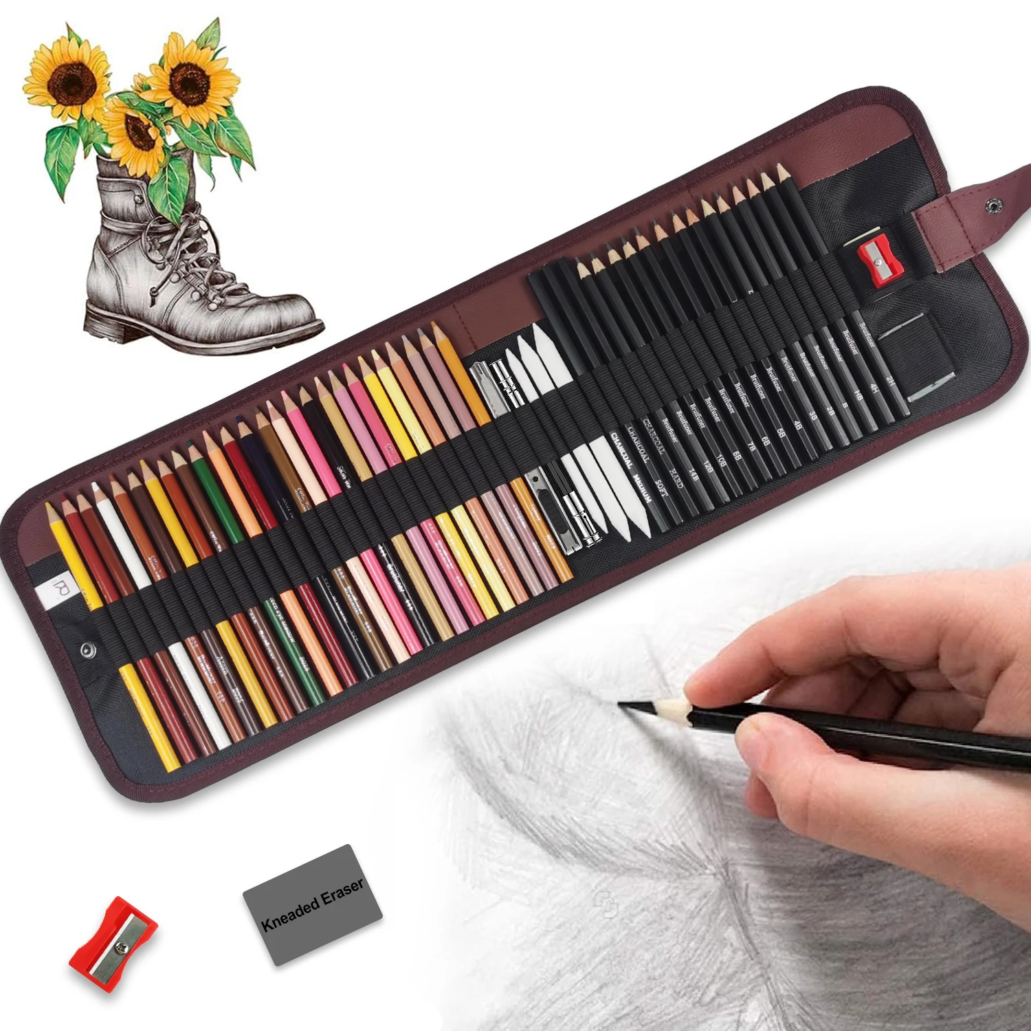 52Pcs Drawing Kit Sketching Pencils Colored Pencils,Portable Pen Curtain-Charcoal Pencils,Charcoal Stick,Eraser,Colored Pencils