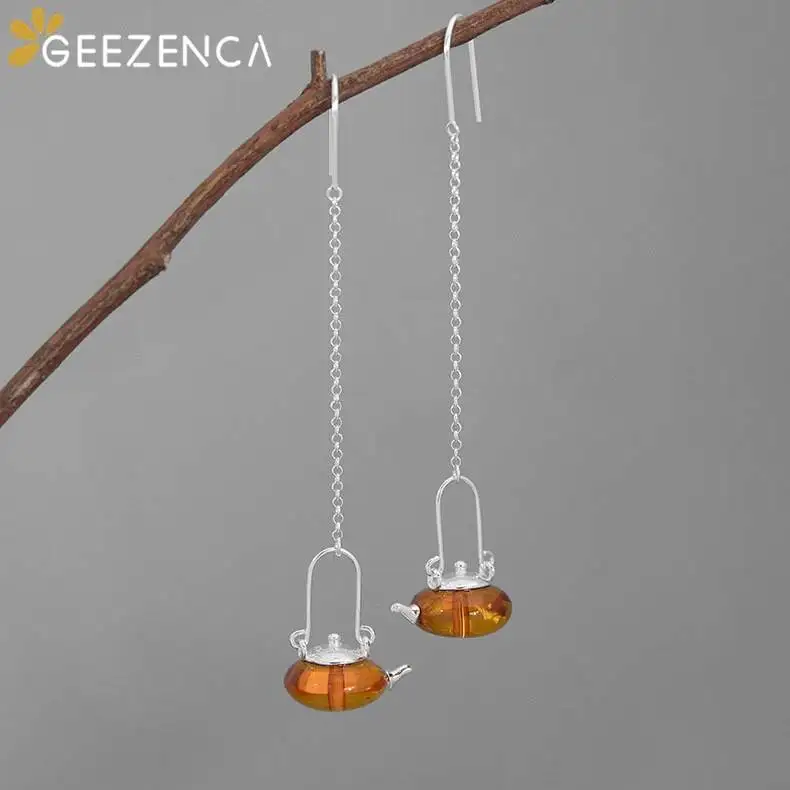 925 Sterling Silver Natural Amber Teapot Drop Earrings Fine Jewelry Chinese Style Trendy Original Design Earrings Girl Gift M008