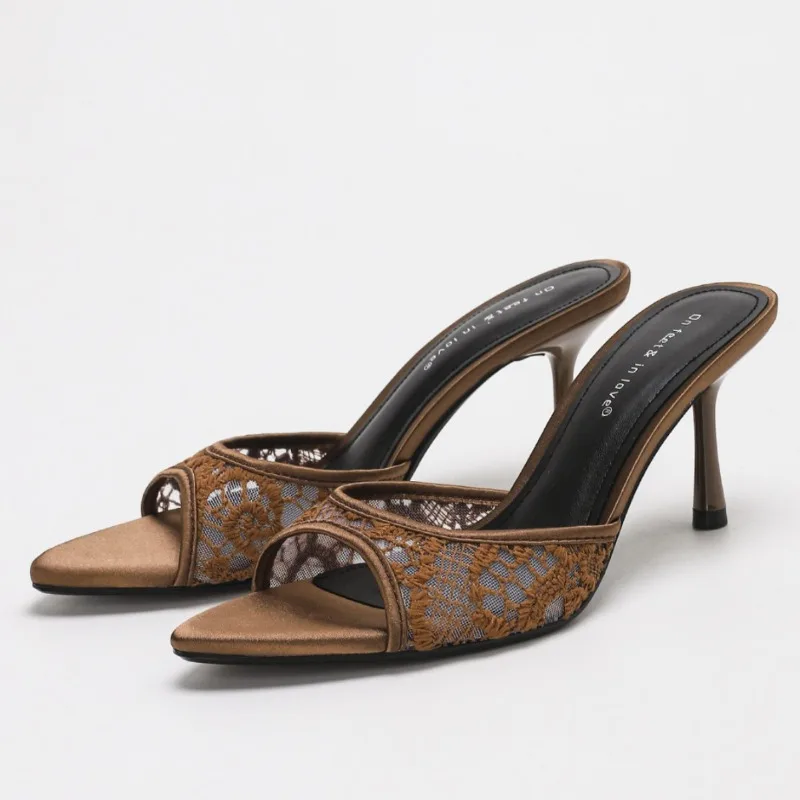 

Elegant Mesh Embroidery High Heels Slippers Women Sexy Pointed Open Toe Slides Sandals High Quality Party Dress Heeled Shoes