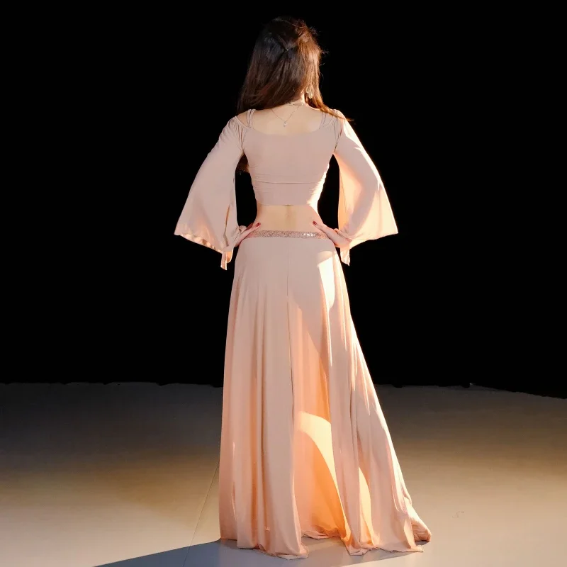 Abito da danza del ventre per donna Top a maniche lunghe con paillettes di danza orientale + gonna lunga divisa sexy 2 pezzi Abiti da pratica professionale per adulti