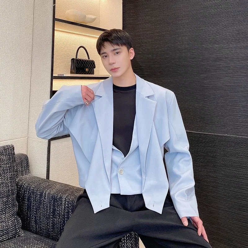 Gentleman Asymmetric Cross Fake-2-pc Design Blazer Coat Jackets Men Handsome Senior Trendy Ins Chic Tops Male Sexy Allure Blazer