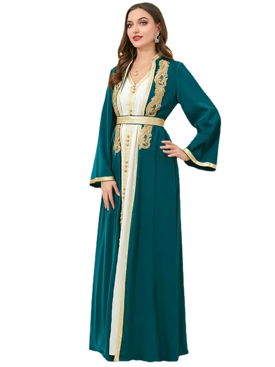 Women Jalabiya Dresses 3 pieces set Embroidery Dubai Luxury Arabic Party Elegant Muslim Evening Chiffon Open Green Abaya