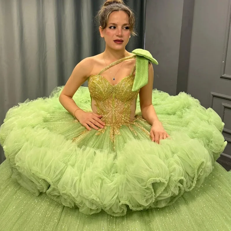 

Light Green Quinceanera Dress off-shoulder Sequins Crystal Lace Ruffles Decal Long tail vestidos de 15 Quinceanera ﻿Customize
