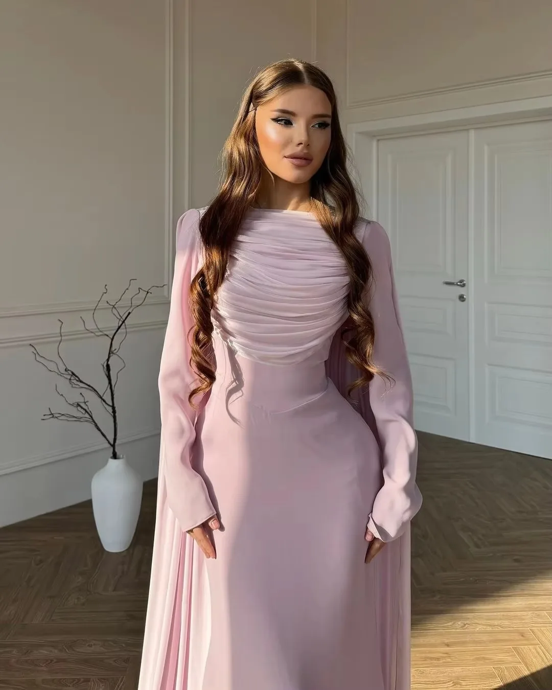 Women Formal Dresses Luxury Chiffon Cape Sleeves Evening Gown Round Neck Pleated Slim Long Maxi Dress Wedding Party Prom Dresses