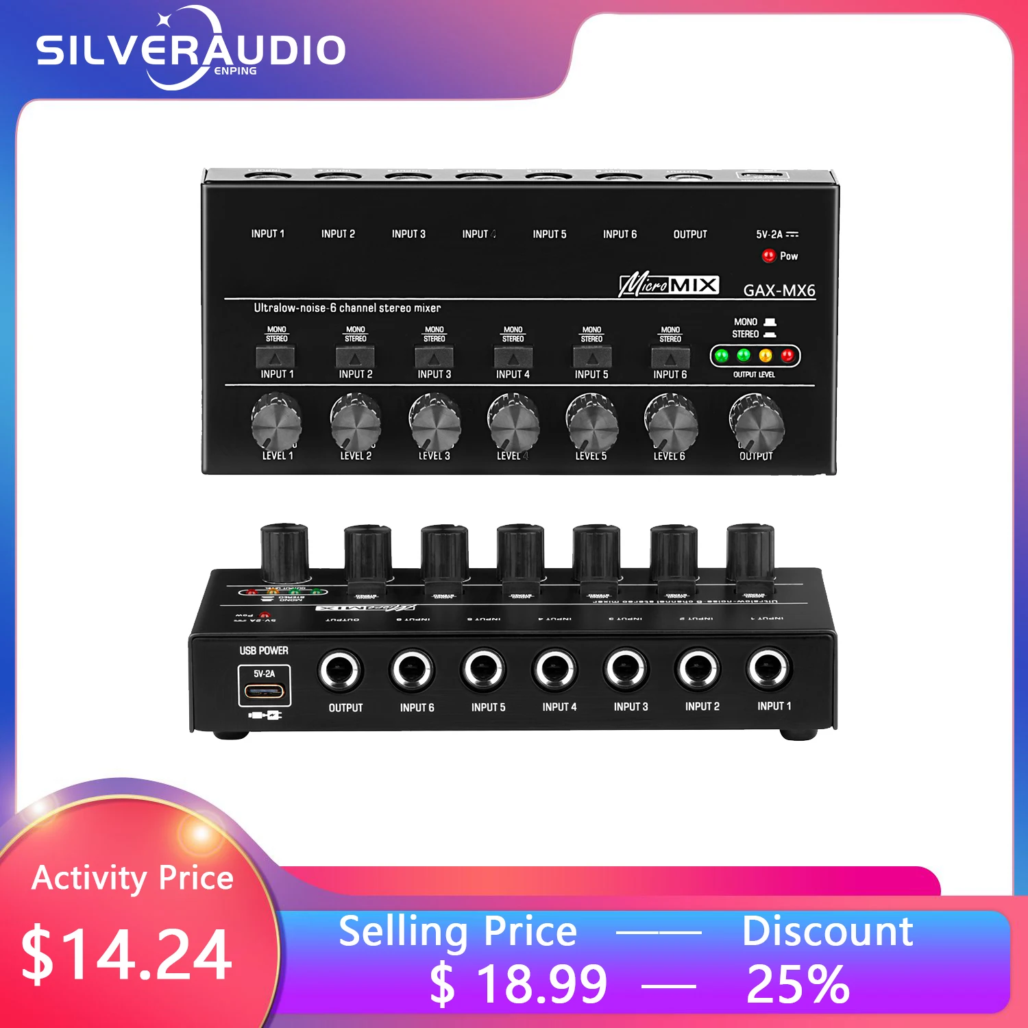 

GAX-MX6 OEM/ODM 6 Channel Ultra Low-Noise Line Mixer Mini Mixer Audio USB Powered Mixer for Electronic Instruments