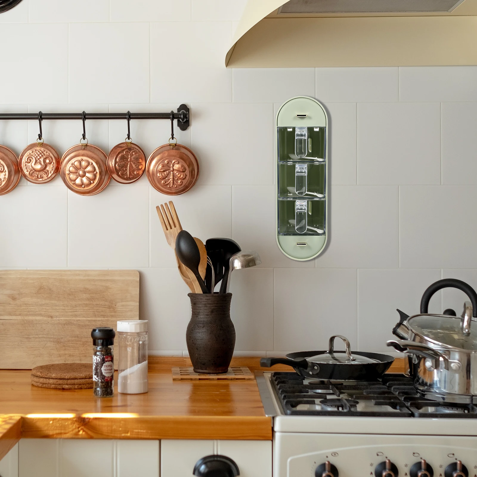 

Wall Mounted Spice Box Seasoning Container 3 Compartments Transparent Lid Kitchen Condiment Holder Material Use