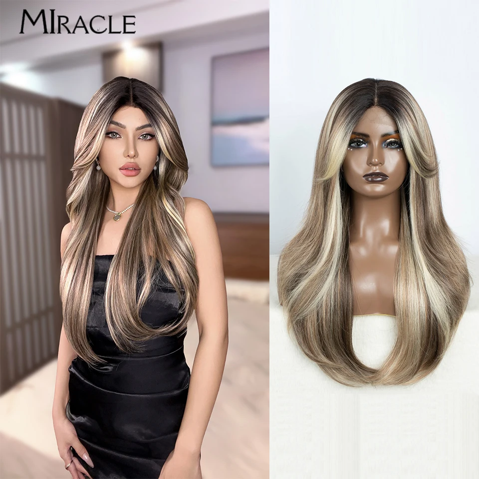 

MIRACLE Synthetic 26 Inch Straight Lace Wig Cosplay Lace Front Wig for Women Ombre Red Blonde Wig With Bangs Female Fake Hair