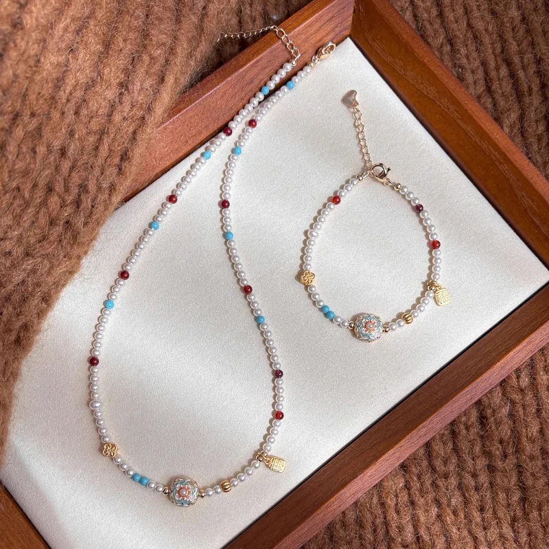 

Trendy Rose Pearl Necklace Bracelet for Women Girls New Chinese Fashion Lovely Gold Bead Collar Chain Summer Jewelry Charm Gifts