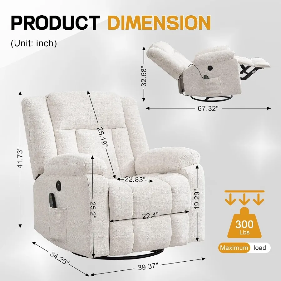 Korser Glider Rocker Recliner Chair 360 Swivel for Adults Massage Heating Storage USB Charging Ivory White Nursery