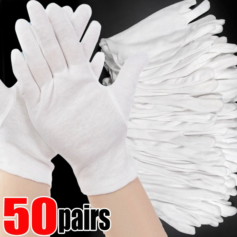 1/50pairs White Cotton Work Gloves for Dry Hands Handling Film SPA Gloves Ceremonial High Stretch Gloves Household Cleaning Tool