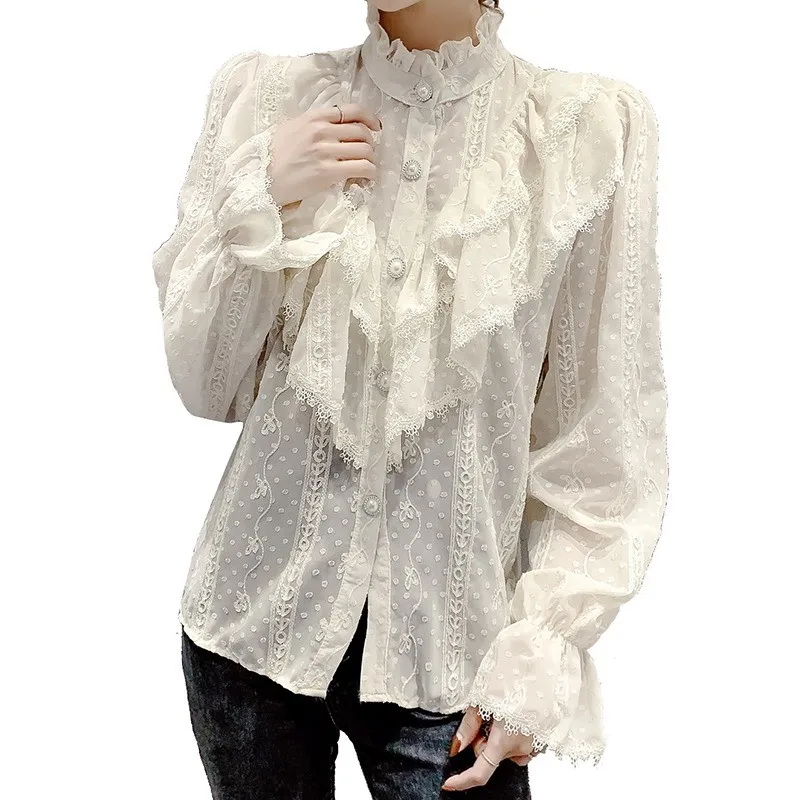 Vintage Lolita Chiffon Shirt Ruffle Stitching Elegant Lace Blouse Korean Style Long Sleeve Stand Collar Loose Chiffon Shirts